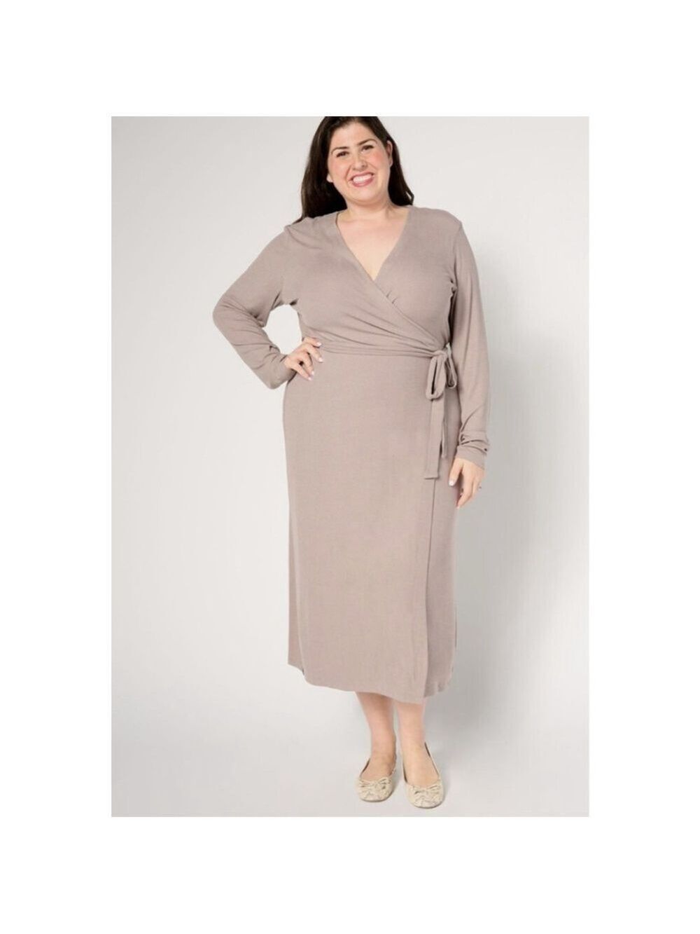 Barefoot Dreams Taupe Beach Rock CozyChic Ultra Lite Midi Wrap Dress S